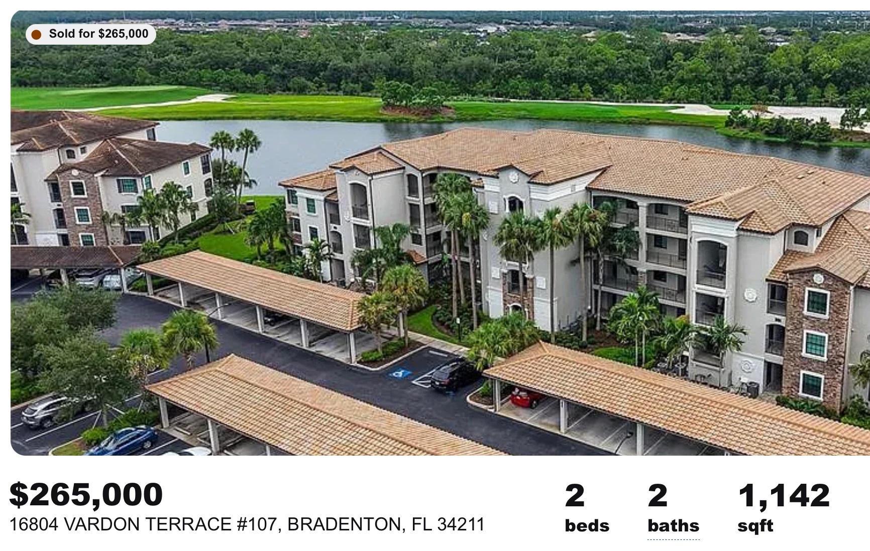 16804 Vardon Terrace #107, Bradenton, FL — 2 bed, 2 bath, 1,142 sq ft, sold for $265,000. Source: Zillow.